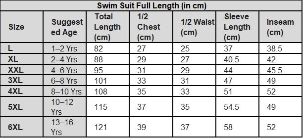Size guide for FABSPORTS Kids Girls Full Body Coverage Swimsuit | Long Sleeve & Capris | UV Protection Quick-Dry Swimwear for Swimming Lessons & Diving (Ages 1-16 Years)
