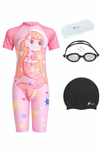FabSports Kids 3-in-1 Swimming Combo – Printed One-Piece Swimsuit, Anti-Fog Goggles & Silicone Cap | Ideal Birthday Gift & Return Gift for Boys & Girls (2-4 Years),Pink