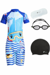 FabSports Kids 3-in-1 Swimming Combo – Printed One-Piece Swimsuit, Anti-Fog Goggles & Silicone Cap | Ideal Birthday Gift & Return Gift for Boys & Girls (2-4 Years),Blue