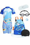 FabSports Kids 4-in-1 Swimming Combo – Printed One-Piece Swimsuit, Goggles with Case, Silicone Cap, and Dry-Wet Separation Bag | Perfect Birthday Gift & Return Gift for Boys & Girls (2-4 Years),Blue