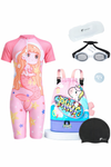 FabSports Kids 4-in-1 Swimming Combo – Printed One-Piece Swimsuit, Goggles with Case, Silicone Cap, and Dry-Wet Separation Bag | Perfect Birthday Gift & Return Gift for Boys & Girls (2-4 Years),Pink