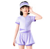 FabSports Girls One-Piece Modest Swimsuit | Short Sleeve Sun Protection Rash Guard with Skirtini Bottom | Sporty Zip-Front Athletic Bathing Suit for Kids & Teens (Ages 2-16 years),Purple