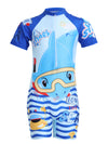 FabSports Kids Swimsuit Set Printed One-Piece Swimwear for Boys & Girls, Half Sleeve Bathing Suit, Comfortable Swimming Costume for Children, Blue
