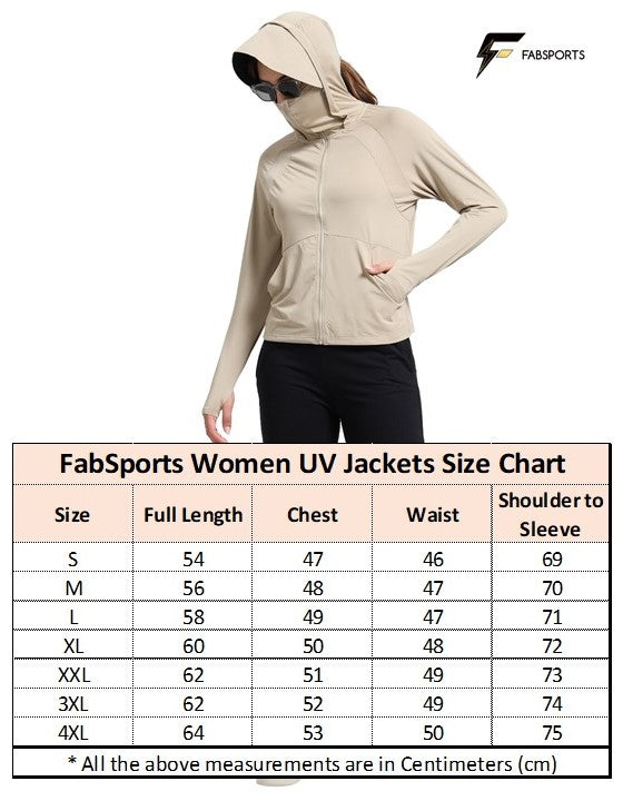 Size guide for FabSports Women's UV Protection Sun Screen Jacket, Full Zip Sun Protection Clothing, Lightweight with UPF 50+ Protection for Outdoors, with Pockets, Sun Protective Clothing for Women, Purple