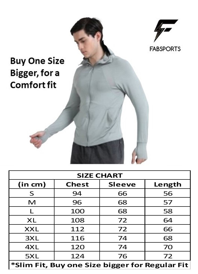 Size guide for FabSports Men's UPF 50+ Sun Protection Jacket – Lightweight, Full Zip Summer Jacket with Quick-Dry Fabric, Reflective Strips & Pockets – Ideal for Outdoor Activities
