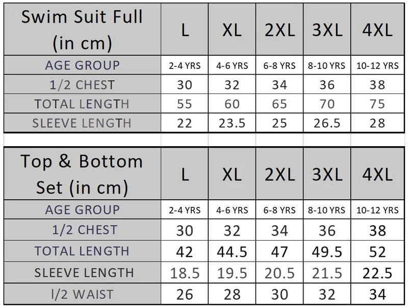 Size guide for FABSPORTS Kids Boys Shark Print Full Coverage Swimsuit | Half Sleeve & Shorts | Quick-Dry Modest One-Piece Swimwear for Pool Beach Waterpark (2-12 Years), Blue